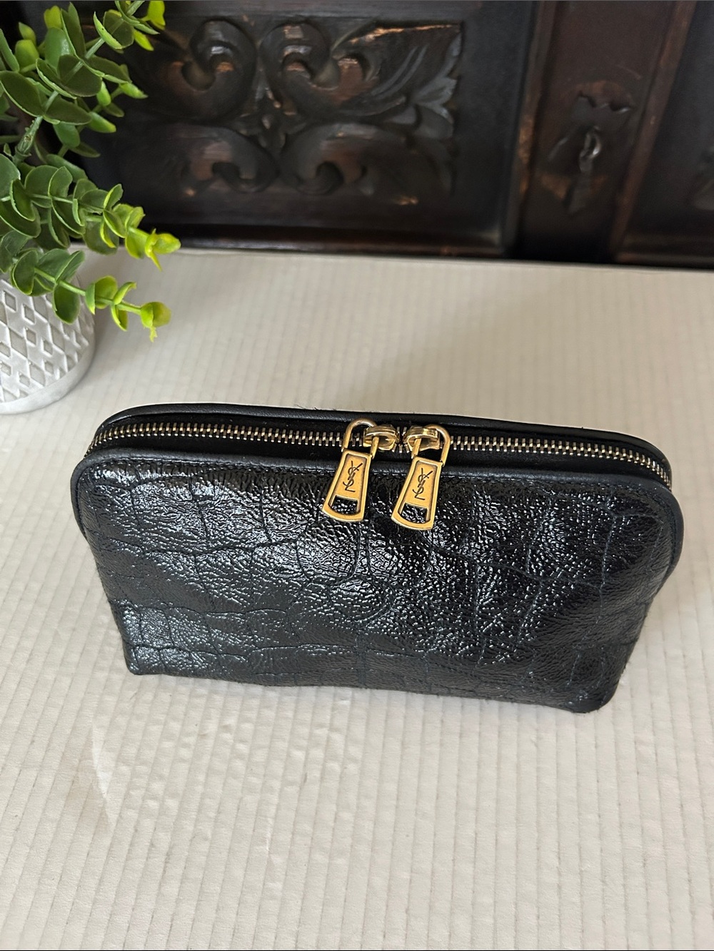Yves Saint Laurent Black Leather Double-Zip Toiletry Pouch with Gold Hardware